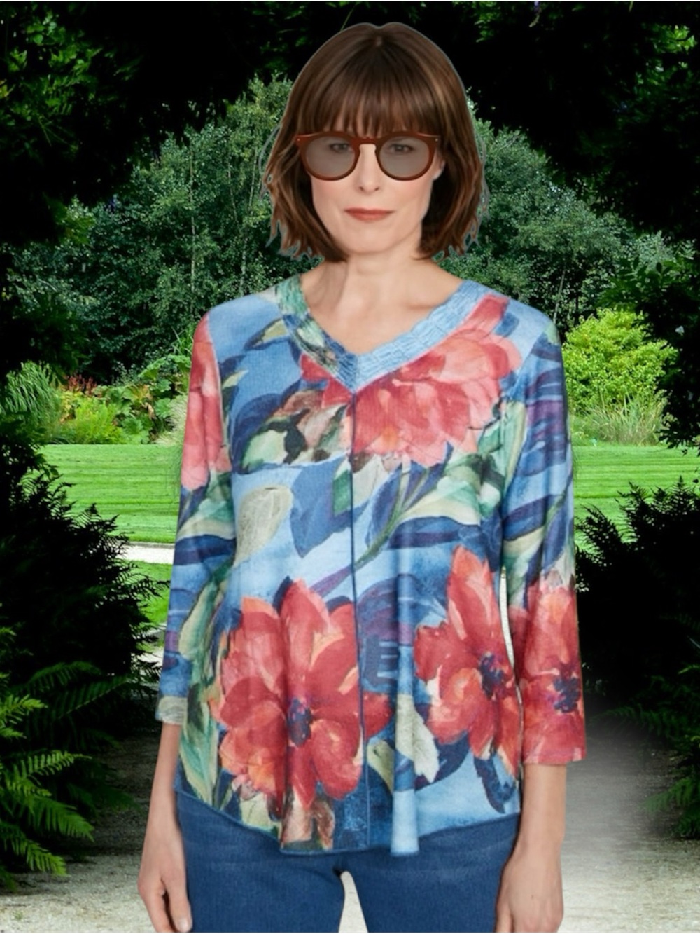 NWT Alfred Dunner Womens El Paso Blue Floral Print Tunic Top